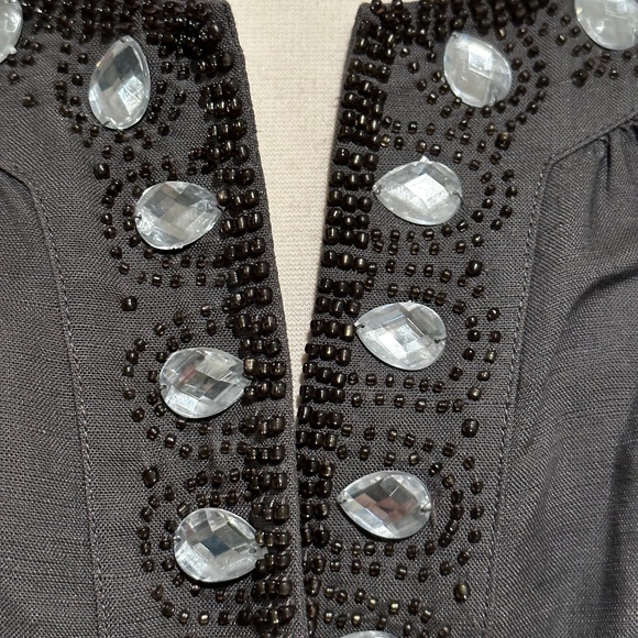 NEW YORK & COMPANY Sheath Dress Gray Jeweled Beaded Neckline Linen Blend Large - Picture 3 of 9
